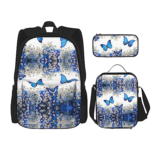 OdDdot Schulrucksack-Set, Reiserucksack, leichte Büchertasche, mit Lunch-Tasche, Federmäppchen, schwarze Krähe und Vögel, Blaue Schmetterlinge weiße Blumen, Einheitsgröße, Schulranzen-Set