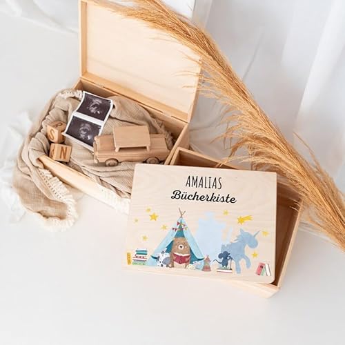 wunderwunsch - Personalisierte Erinnerungsbox Baby mit Spezial-Druck - Individuelle Baby Erinnerungsbox - Erinnerungskiste aus Holz - Geschenk zur Geburt (S | Klappdeckel,Bär Bücherkiste)