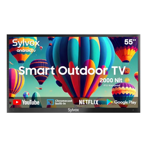 SYLVOX 139cm(55zoll) Outdoor TV,4K HDR Smart TV mit Sprachfernbedienung,1500nits Dolby Atmos IP55 Wasserdicht,Chromecast,DVB-T2/S2 Unterstützung Bluetooth&Wi-Fi,178°Ansichtswinkel