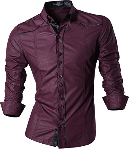 jeansian Herren Freizeit Hemden Shirt Tops Mode Langarmlig Men's Casual Dress Slim Fit Z034_WineRed XXL