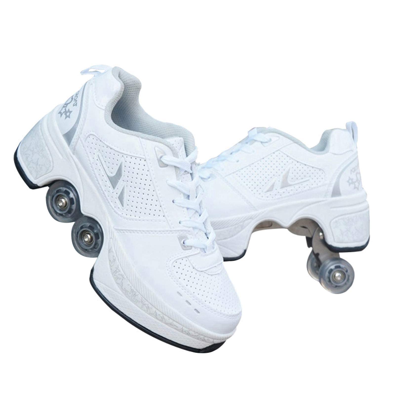 JTKDL Rollschuh Roller Skates Lauflernschuhe, Sneakers, 2in1 Mehrzweckschuhe Schuhe Mit Rollen Skateboardschuhe,Inline-Skate,Verstellbare Quad-Rollschuh Stiefel,Silver-32