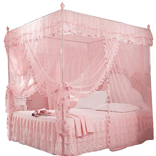 Hongzer Moskitonetz, Romantische Prinzessin 3 Seitenöffnungen Post Bett Vorhang Baldachin Netz Moskitonetz Bettwäsche(Pink M.)