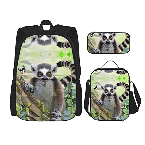 Lawenp Ringtailed Lemur Schulranzen Set aus DREI Cross Lunch Bag Pencil Bag Set Schulranzen für Jungen und Mädchen