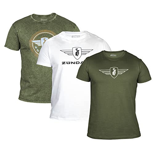 ZÜNDAPP T Shirt Herren oder Damen | Basic Tshirt 3er Set | Unisex Baumwoll T-Shirt 3er Pack (L, Oliv meliert + Oliv Uni + weiß Uni)