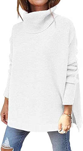 Womens Turtleneck Oversized Tunic Fall Sweaters 2022 Long Batwing Sleeve Spilt Hem Pullover Knit Sweater Tops (White,M)