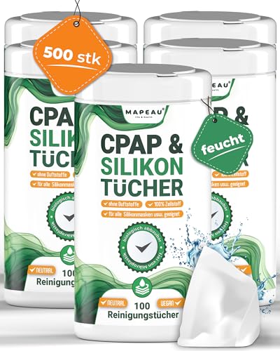 CPAP Mask Wipes Maskenreiniger Tücher, Mapeau CPAP & Silikon Reinigungstücher feucht – 5x 100x Zellstoff Tuch ohne Duftstoffe in Spenderbox (5)