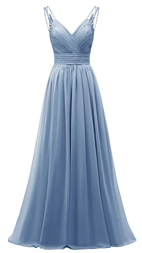 Chiffon-Tüll-Perlen-Träger, Brautjungfernkleid, schulterfrei, V-Ausschnitt, plissiert, formelles Abendkleid für Damen, dusty blue, 40