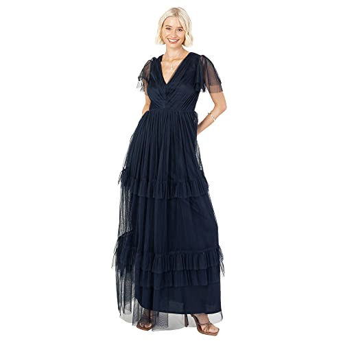 Anaya with Love Damen Ladies Maxi Dress for Women Short Sleeve Evening Ball Gown Tiered V Neck Bow Tie Bridesmaid Wedding Guest Prom Long Kleid, Navy Blue, 42