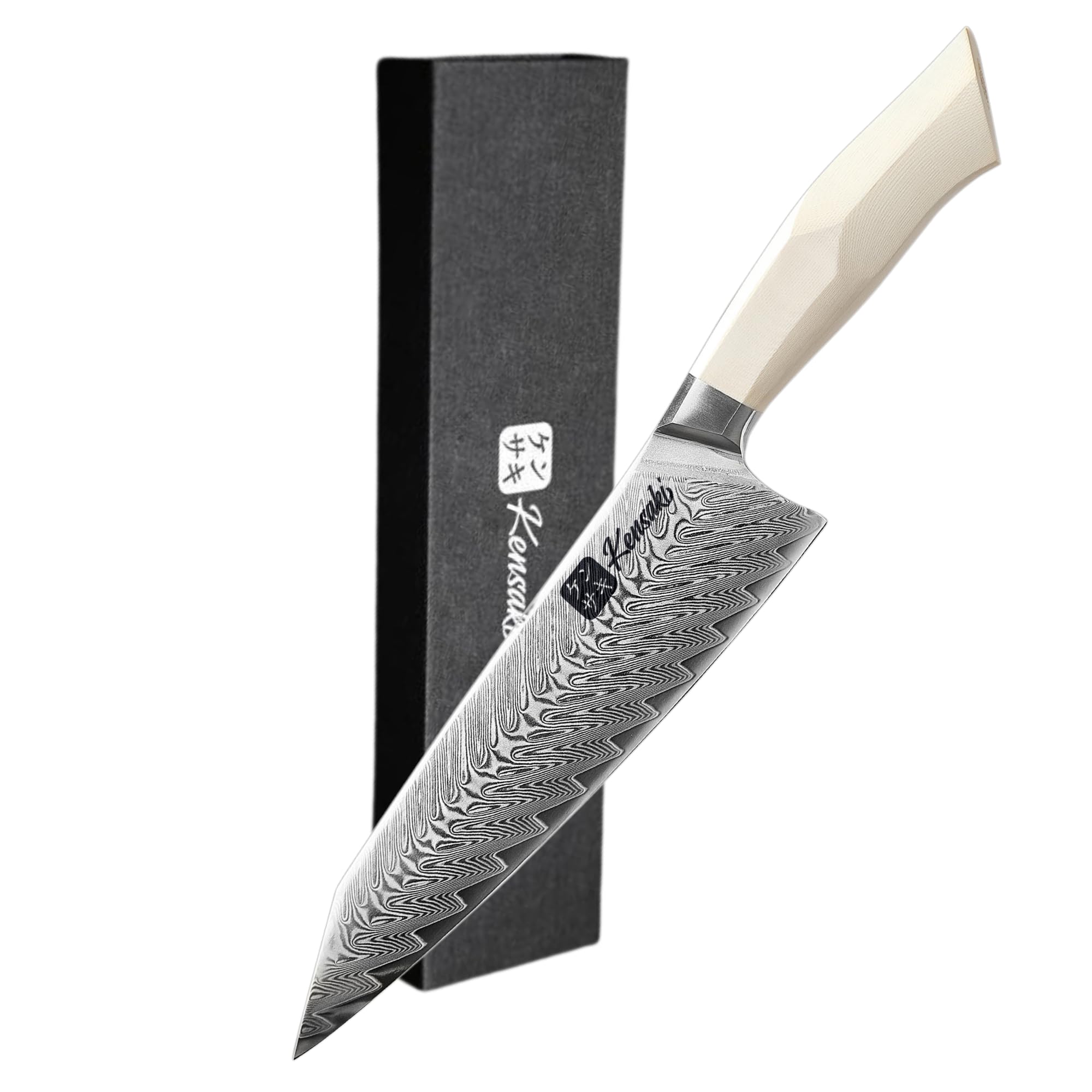 Kensaki Chefmesser aus Damaszener Stahl Küchenmesser Japanischer Art hergestellt aus 67 Lagen Damaststahl | Weißer G10 Griff - Shiro Serie