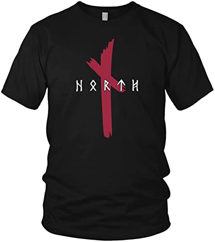 North - Original Runen Logo Merchandising Wikinger Walhalla Vikings Odin Thor - Herren T-Shirt und Männer Tshirt, Größe:XXL, Farbe:Schwarz/Rot