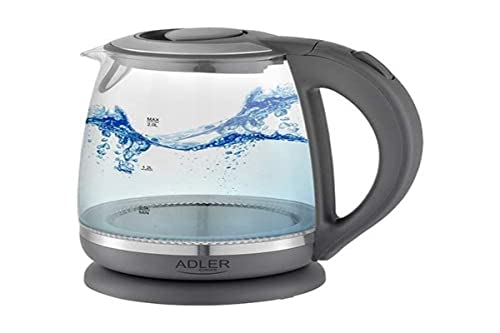 ADLER AD 1286 Wasserkocher aus Glas und Kunstoff, 2L, 2000 W, LED Beleuchtung, Glaswasserkocher für Tee, Kalkfilter, Automatische Abschaltung, Tauchsieder aus Edelstahl, grau