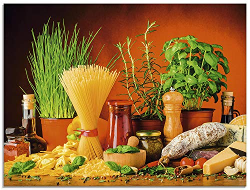 Artland Qualitätsbilder I Glasbilder Deko Glas Bilder 80 x 60 cm Ernährung Genuss Lebensmittel Gemüse Digitale Kunst Bunt D3BK Nudeln Käse Kräuter Gewürze