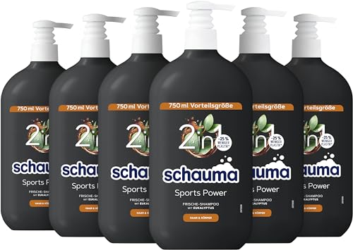 Schauma Schwarzkopf for Men Sports Power Shampoo (6x 750 ml) Kräftigungsshampoo, 2in1 Formel zum waschen von Haar und Körper, Erlebe mit Carnitin-T & Protein den Frische-Kick