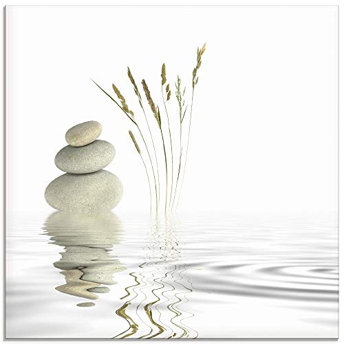 Artland Qualitätsbilder | Glasbilder Deko Glas Bilder 50 x 50 cm Weißes Zen Bild mit Steinen, Schilf und Wasser A6GT