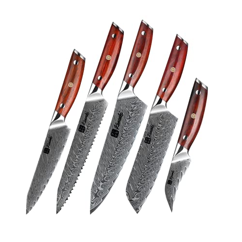 KENSAKI 5er Messerset aus Damaszener Stahl Küchenmesser Japanischer Art hergestellt aus 67 Lagen Damaststahl – Chairo Serie