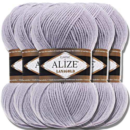 Alize 5 x 100g Lanagold Türkische Premium Wolle Baumwolle und Acryl Handstrickgarne | Yarn | Garn | Strickgarn Accessoire Baby zum Häkeln Stricken Kleidung Schals (Grey | 200)