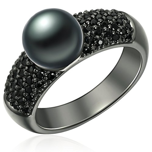 Valero Pearls Damen-Ring 925 Silber rhodiniert Zirkonia Perle Süßwasser-Zuchtperle Schwarz Gr. 54 (17.2) - 609250203
