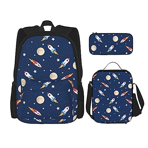 PartyUnix Rocket in Space Prints Rucksack 3-teilig Schulranzen mit Brotdose und Federmäppchen Set - Geeignet für Jungen und Mädchen, Schwarz , Einheitsgröße, Kinderrucksack