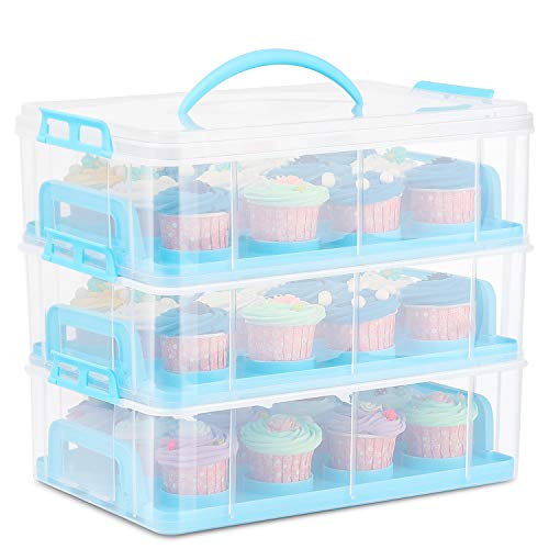 Flexzion Aufbewahrungskorb für Cupcakes (36 Fächer, 3 Etagen) – für 36 Cupcakes oder 3 große Kuchen, Gebäck, transparenter Kunststoff, mit 3 Ebenen, stapelbarer Einsatz (blau)