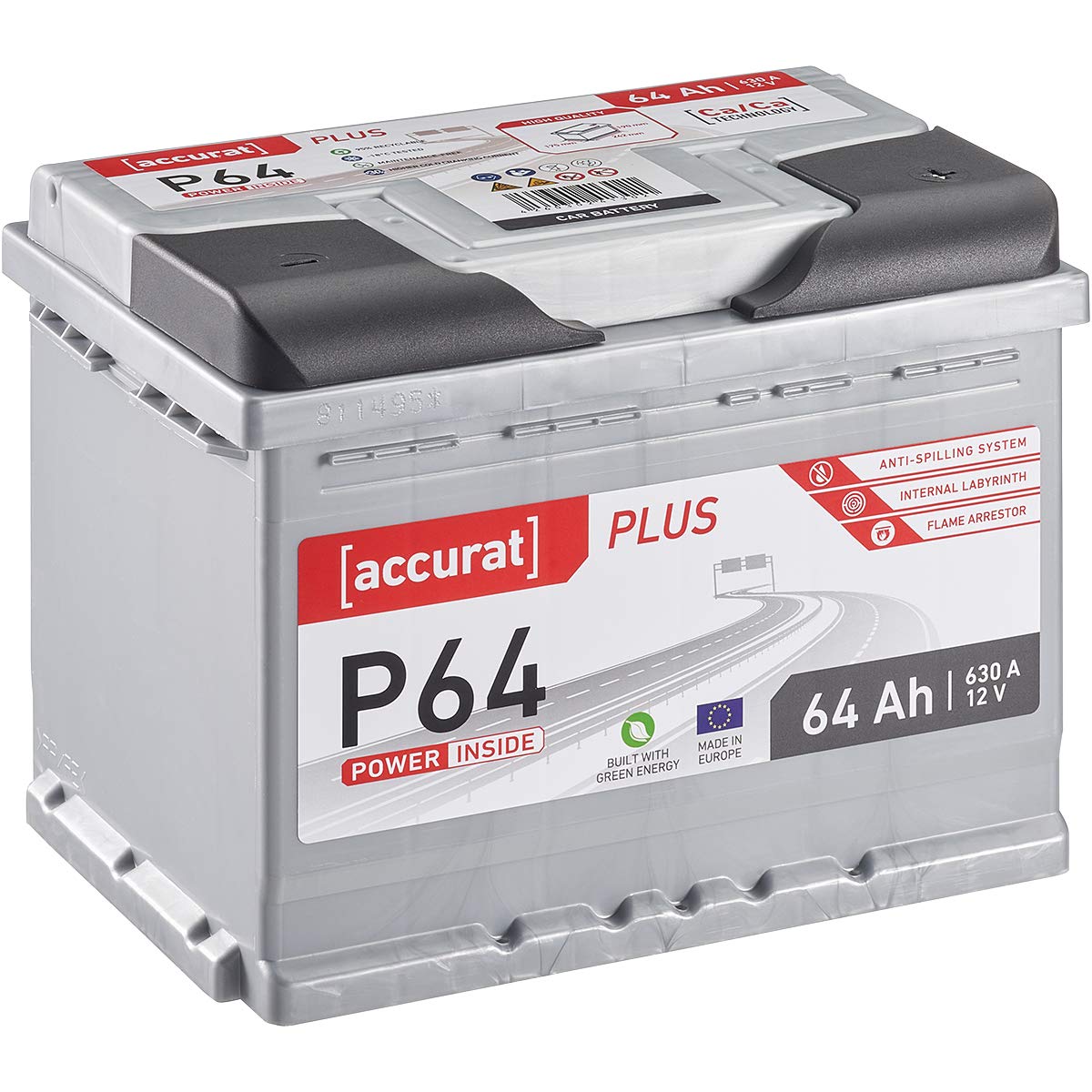 Accurat Plus P64 Autobatterie - 12V, 64Ah, 630A, zyklenfest, wartungsfrei, 35% mehr Startleistung, Ca-Technologie, Kaltstartkraft - Starterbatterie, Nassbatterie, Blei-Säure Batterie