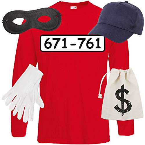 Shirt-Panda Herren Langarm Panzerknacker Kostüm + Cap + Maske + Handschuhe Verkleidung Karneval SET06 T-Shirt/Cap/Maske/Handschuhe/Beutel M