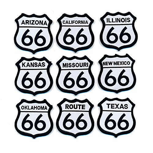 9er Set mit 48 x 48 mm Route 66 Amerika USA Mother Road Patches Aufnäher Aufbügler