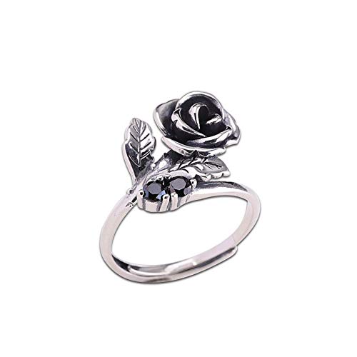 Damenring Damen Rose Ring mit schwarzem Zirkon Elegante 925 Sterling Silber Einstellbare Ring Vintage Promise Eheringe Ringe Für Frauen