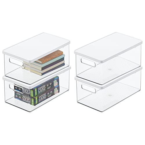 mDesign 4er-Set Schreibtischablage für Stifte, Notizzettel und Büroklammern – Aufbewahrungsbox mit Deckel aus robustem Kunststoff – rechteckiger Ordnungshelfer für Büromaterialien – durchsichtig/weiß