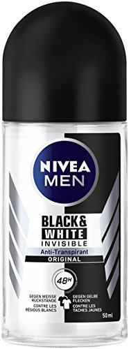 NIVEA MEN Invisible for Black & White Deo Roll-On im 6er Pack (6 x 50 ml), Antitranspirant Roller verhindert Deo-Flecken auf der Kleidung, Deodorant mit 48h Schutz