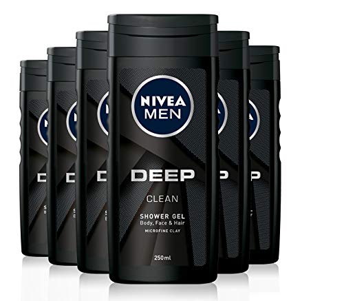 NIVEA MEN Deep Shower Gel 6er Pack (6 x 250 ml), Gesicht, Haar & Body Wash Black Charcoal Duschgel, 24H tiefenreinigendes und belebendes Herren-Duschgel