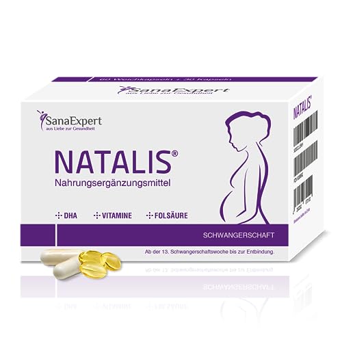 SanaExpert Natalis, Nahrungsergänzung mit 700 µg DHA, Folsäure, Eisen, Mineralstoffen und Vitaminen in der Schwangerschaft, Kombi-Präparat, 90 Kapseln