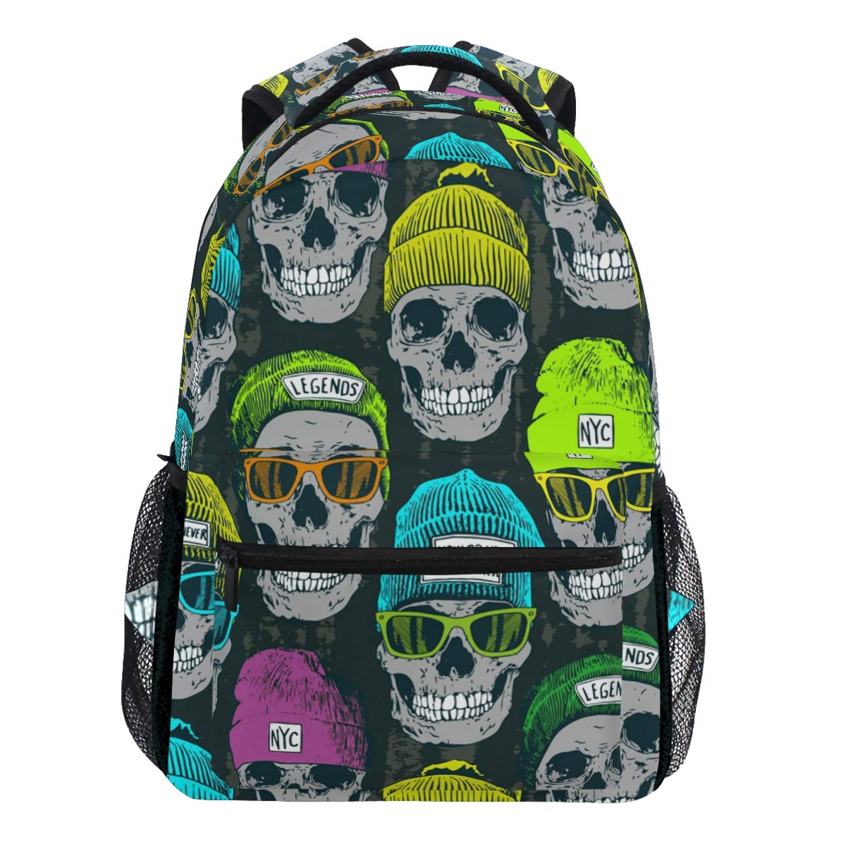 Oarencol Rucksack mit lustigem Totenkopf und bunten Baskenmütze, für Reisen, Schule, Schule, Hochschule