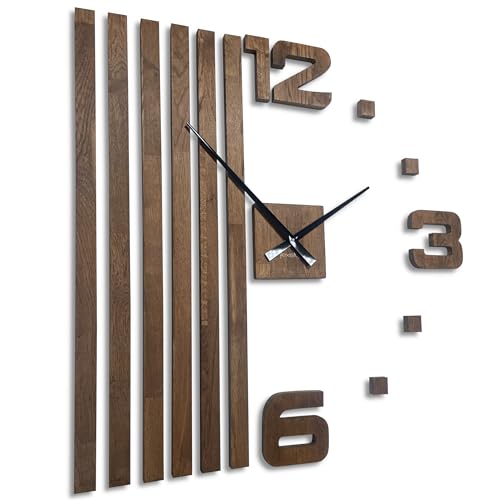 FLEXISTYLE Wall Clock DIY Holz Eiche Lamellen große Wanduhr 3D Wall Clock Modern Design EKO Wall Clocks Wandtattoo Dekoration Uhren für Büro Wohnzimmer Schlafzimmer (XXL 100cm Braun, Schwarze Zeiger)