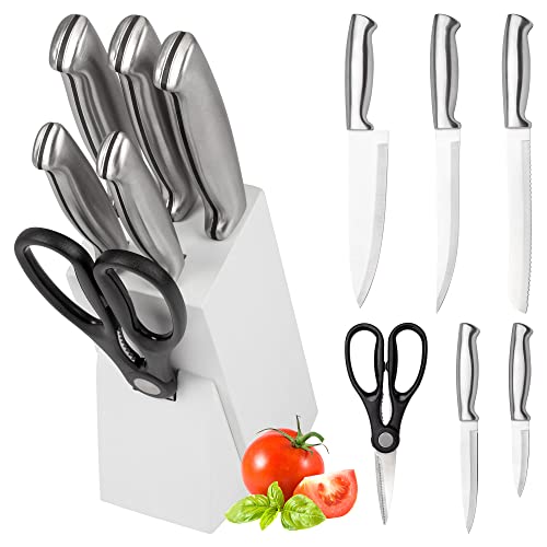 Classbach Messerblock mit Messer - 7 tlg. Messer Set inkl. Küchenschere, Küchenmesser Set mit Klingen aus rostfreiem Stahl, Set aus 5x scharfe Messer + Schere für Küche, C-MBS 4018, weiß