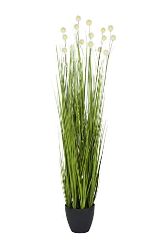 Kreher XXL Grasbusch Kunstpflanze im Topf mit verschiedenen Blüten. Maße (Durchmesser x Breite): 16 x 120 cm (Variante 1 - Runde Blüte Weiß)