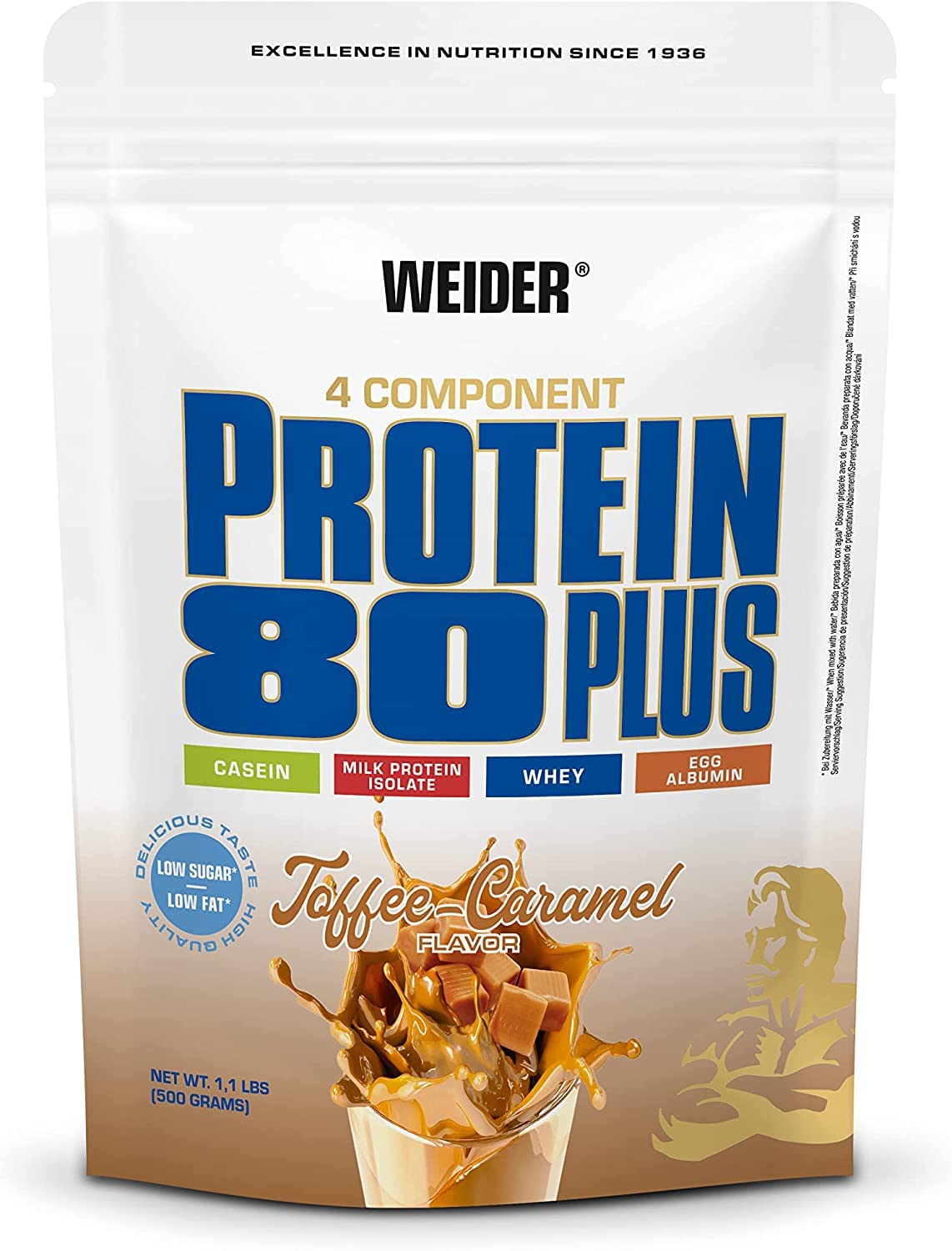 WEIDER Protein 80 Plus Mehrkomponenten Protein Pulver, Eiweißpulver für cremige, unverschämt leckere Eiweiß Shakes, Kombination aus Whey, Casein, Milchprotein-Isolat & Ei-Protein, Toffee-Karamel, 500g