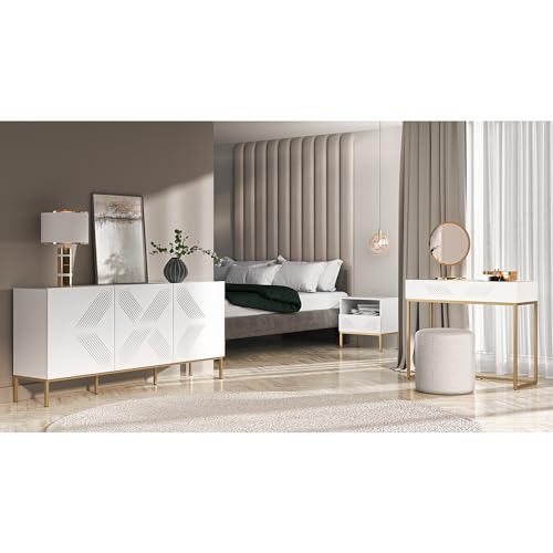 Lomadox Schlafzimmermöbel Set 4-teilig in weiß mit goldfarbenem Fußgestell, Front mit modernem Fräsmuster