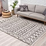 Teppich Hochflor Wohnzimmer - Ethno Boho Stil 80x250 cm Grau Creme - Teppich-Läufer mit Fransen