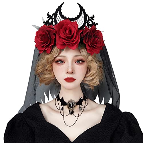 Jomewory 5 Stück schwarze Krone für Damen | Girlande aus Schleier, elastisches Haarband mit Rosenkranz | dekorative Kopfbedeckung für Mädchen