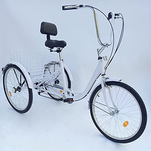 Ethedeal Dreirad Fahrrad 24 Zoll 6 Gänge 3-Rad Fahrrad mit Einkaufskorb, Trike Bike Radfahren für Erwachsene und Senioren, für Reisen, Reiten und Einkaufen (Weiß)