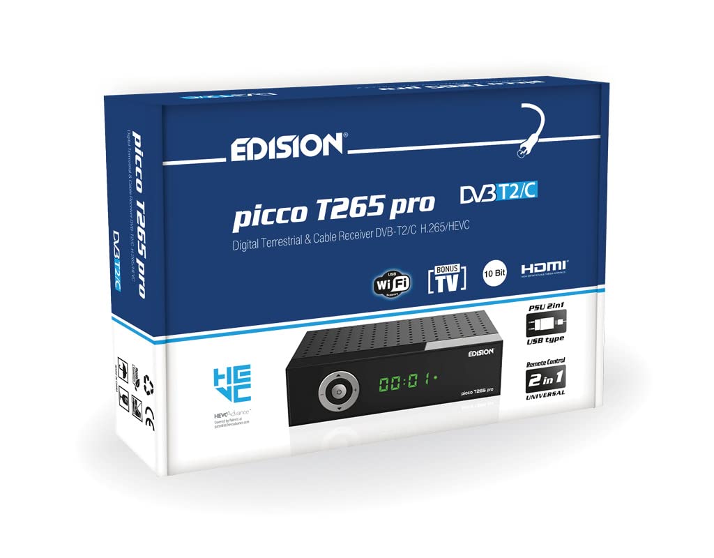 Edision Picco T265 pro Terrestrischer & Kabel Receiver DVB-T2/C H265 HEVC FTA Full HD PVR, USB, HDMI, SCART, S/PDIF, IR-Auge, USB WiFi Support, Universal 2in1 Fernbedieung, 2in1 Netzteil Schwarz