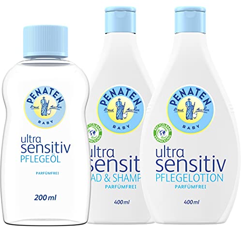 Penaten Ultra Sensitiv Pflege-Set - 400ml Bad & Shampoo, 400ml Pflegelotion & 200ml Pflegeöl - parfümfreie Pflege und Reinigung für sensible Babyhaut