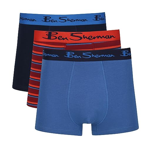 Ben Sherman Herren Men's Boxer Shorts in Blue/Stripe/Navy | Soft Touch Cotton Trunks with Elasticated Waistband Boxershorts, Blue/Stripe/Navy,