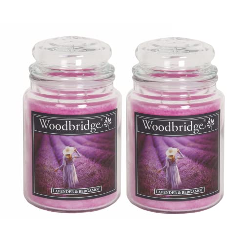 Woodbridge Duftkerze im Glas mit Deckel | 2er Set Lavender Bergamot | Duftkerze Lavendel | Kerzen Lange Brenndauer (130h) | Duftkerze groß | Lila Kerzen (565g)