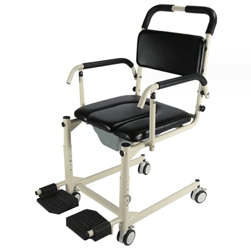 Patientenlift-Rollstuhl mit Bremsrädern, Multifunktions-Duschsitze für ältere Menschen/Toiletten am Bett, höhenverstellbar, tragbare Toilettentoilette, umkehrbare Fußstütze und Armlehnen