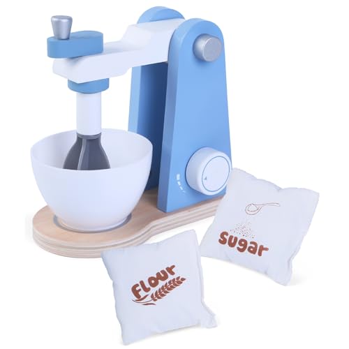 Rührgerät Kinderküche Küchenmaschine Holz Mixer Set Standmixer für Kinder blau
