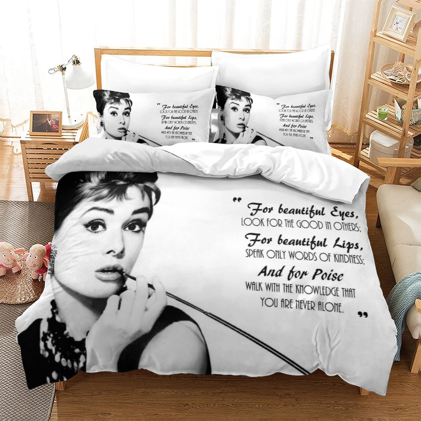 wrtgerht Audrey Hepburn Bettbezug Set 3D Gedruckt Römische Ferien Set Mit Kopfkissenbezug Für Teenager Weich Schauspielerin Steppdeckenbezug Bettwäsche einzeln（135x200cm）