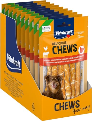 Vitakraft Chews, Hundesnack, Kaurolle zur Belohnung, aus getrockneter Rinderhaut, umwickelt mit magerem Hühnchenfleisch, fettarm, für kleine Hunde (10x 6 Stück)
