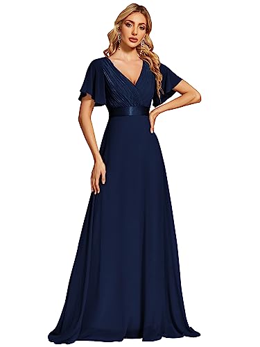 Ever-Pretty Damen Abendkleid Frau A-Linie Cocktailkleid V Ausschnitt Hochzeit Navy Blau 38