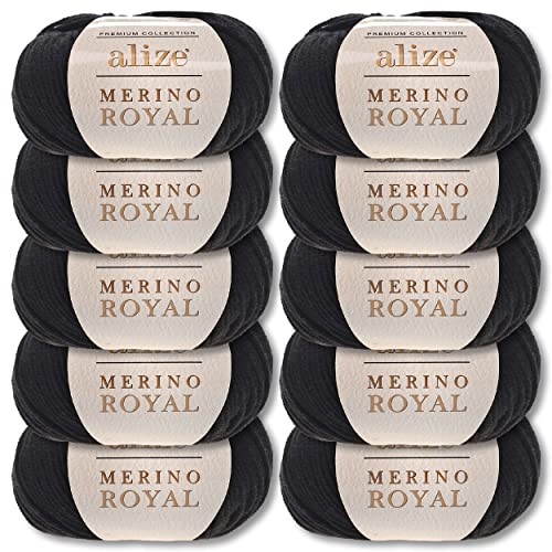 Wohnkult Alize 10x50 g Merino Royal 100% Merinowolle 9 Farben zur Auswahl Superwash Wolle Warmer (60 | Schwarz)